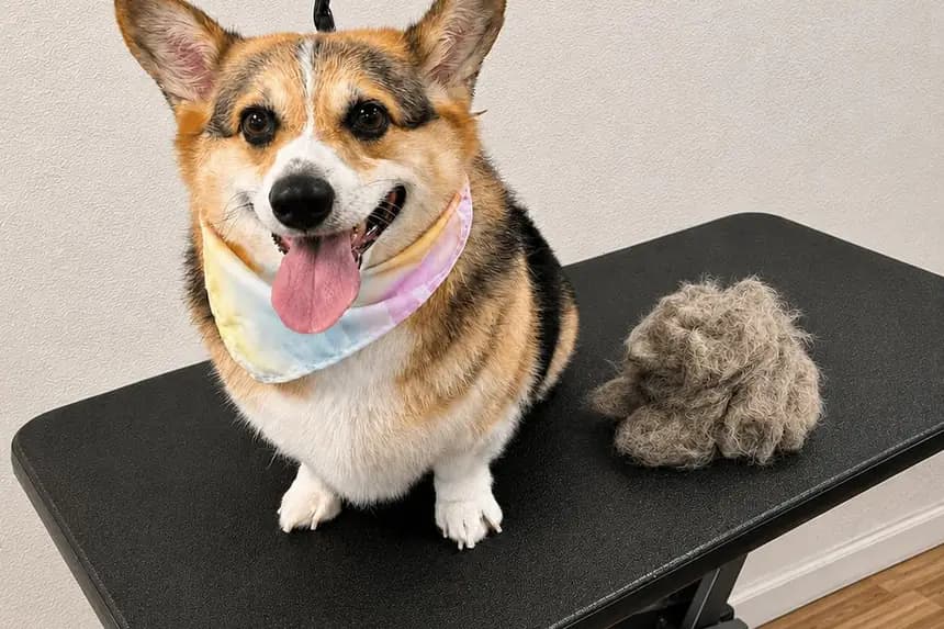 A corgi beside the pile of undercoat removed during its de-shedding treatment.