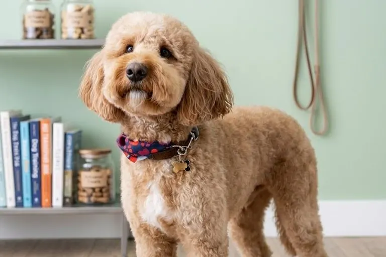 A goldendoodle standing in the salon after a full groom, wearing a patterned collar.